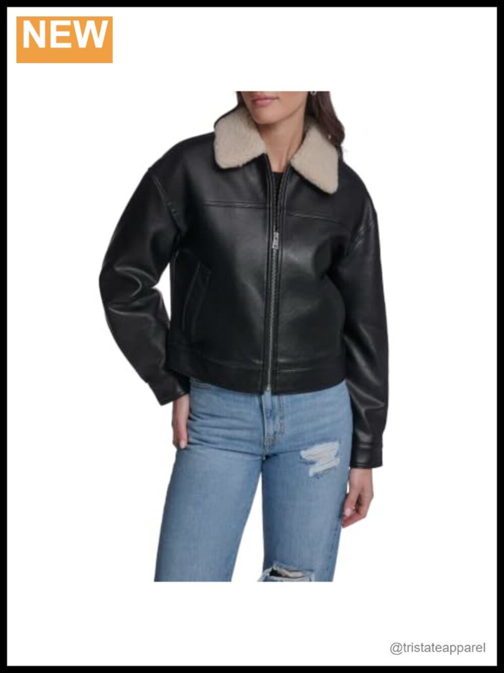 Faux Leather Relaxed Fit Zip Front Jacket with Sherpa Collar